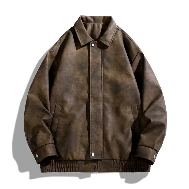 Academic Style American Vintage Solid Color Niche Design Motorcycle Flight Jacket PU Leather Coat Turn-down Collar Casual Loose Versatile Unisex Jacket Outerwear Long Sleeve Classic