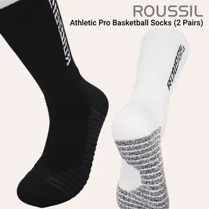 ROUSSIL Athletic Pro Cushioned Crew Basketball Socks - Ankle & Arch Support, Moisture Wicking Performance Socks for Men & Women, 2 Pairs (Black/White)