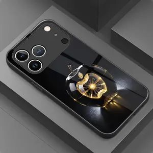 Black and Gold Apple Logo Pattern Tempered Glass Phone Case, Casing, Cover – Shockproof Protection Mobile Phone Accessory for iPhone 17, 16, 15, 14, 13, 12, 11 Plus Pro Max