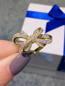 Elegant Women's Bow Zircon Ring, Unique Rings, Stackable Rings, Copper Chain Jewelry Gift for Weddings & Parties, All-Season Fashion Accessory