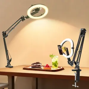 Magnetic Overhead Phone Mount with 10 Ring Light, 5000mAh Flexible Articulating Circle Lamp Table Tripod, iPhone Stand for Video Recording Cooking Nail, Zoom Meeting, Live Streaming Tiktok