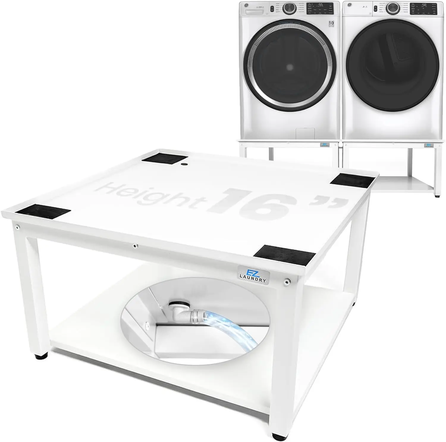 EZ Laundry | Upgraded Universal Laundry Pedestal Platform – 700lbs Capacity, Raises 16” with Built-in Drain Pan + Drain Hose, Adjustable Rubber Feet, Anti-Vibration Features & Storage Shelf fits 27", 28" & 29" Washer & Dryer (White)