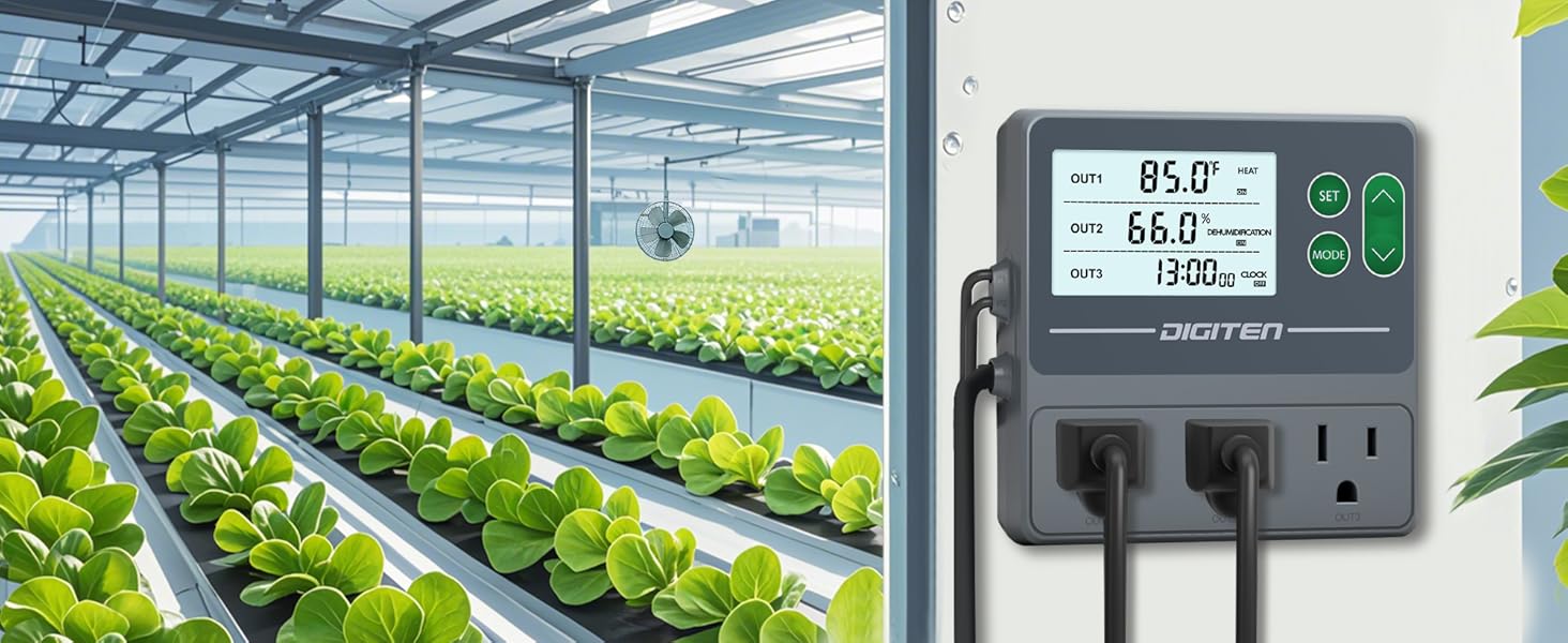 DIGITEN Temperature and Humidity Controller with Timer - 3 Outlet, 2 Separate Probes, Plug in Temperature Controller for Reptiles,Snake, Mushrooms, Tent, Triple Control for Temp,Humidity,Time