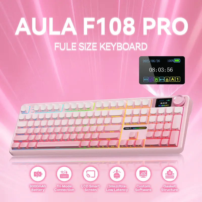 AULA F108 Pro Tri-Mode Wireless Mechanical Gaming Keyboard - Built-in Smart Display, Knob, Hot Swappable RGB Lighting, Full Size Number Pad, USB-C/BT/2.4G, Multi OS Compatible, for Custom Keyboard Setup, Gaming Items #techvibes