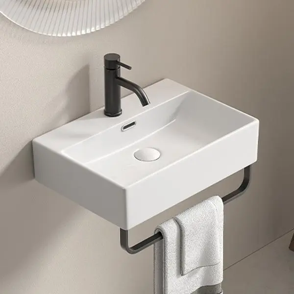 SAVEYOUR Stainproof White Ceramic Vessel Sink, 20.08"W x 14.18"D x 5.12"H, Wall-Mounted with Towel Rack, Minimalist Space Saver for Small Bathrooms, Contemporary Design, Standard Drain