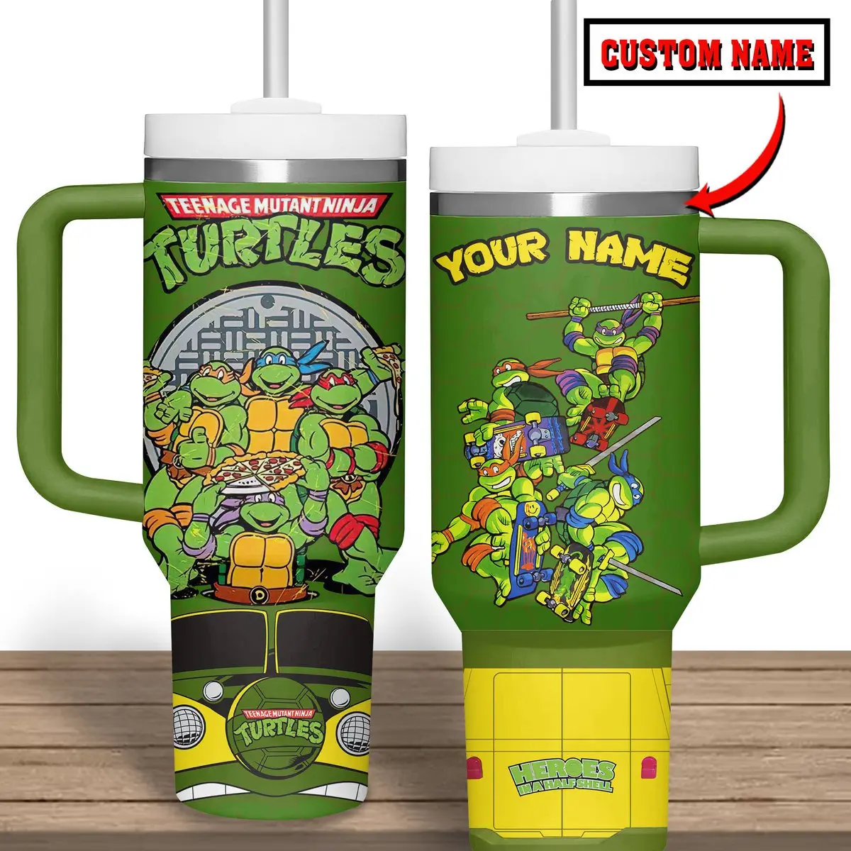 Teenage Mutant Ninja Turtles 40oz Tumbler with Handle & Straw, Custom Name TMNT Cup, Leonardo Raphael Michelangelo Donatello Design, Retro Cartoon Merch, Ninja Turtles Fan Gift, Travel Cup