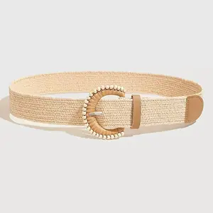 Women's Elastic PP Straw Belt with Wooden Buckle, Bohemian Woven Waist Belt for Dresses, Casual & Summer Outfits