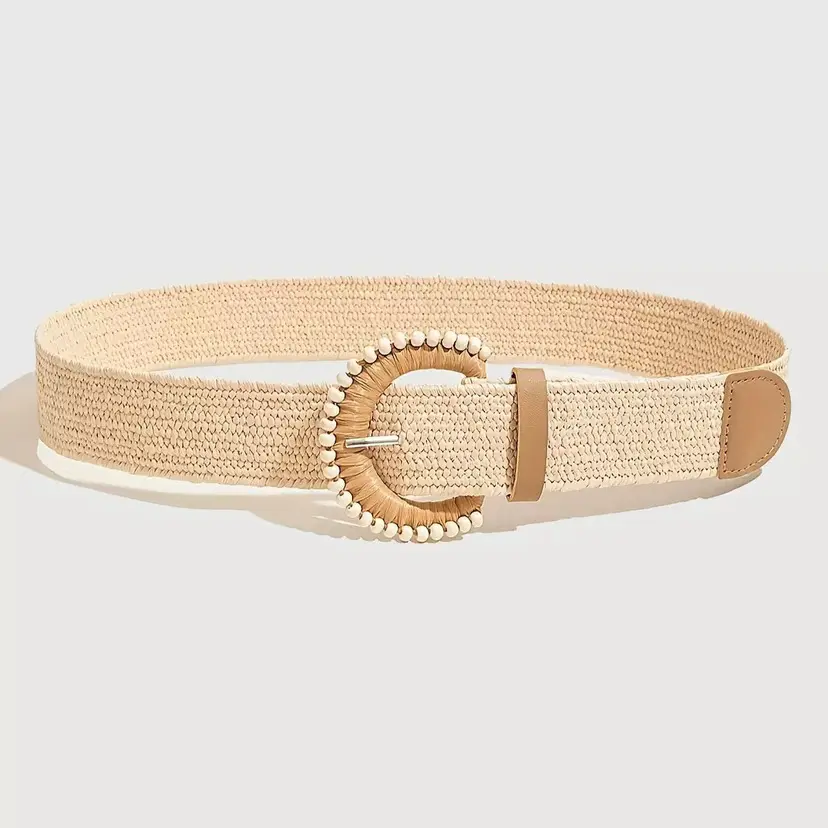 Women's Durable PP Plastic Straw Belt - Adjustable Length, Stretchable Fit, Wooden Buckle, Bohemian Woven, Rustic Touch, Waist Accessory for Adult Female Summer Casual Dresses, Waist Accessories