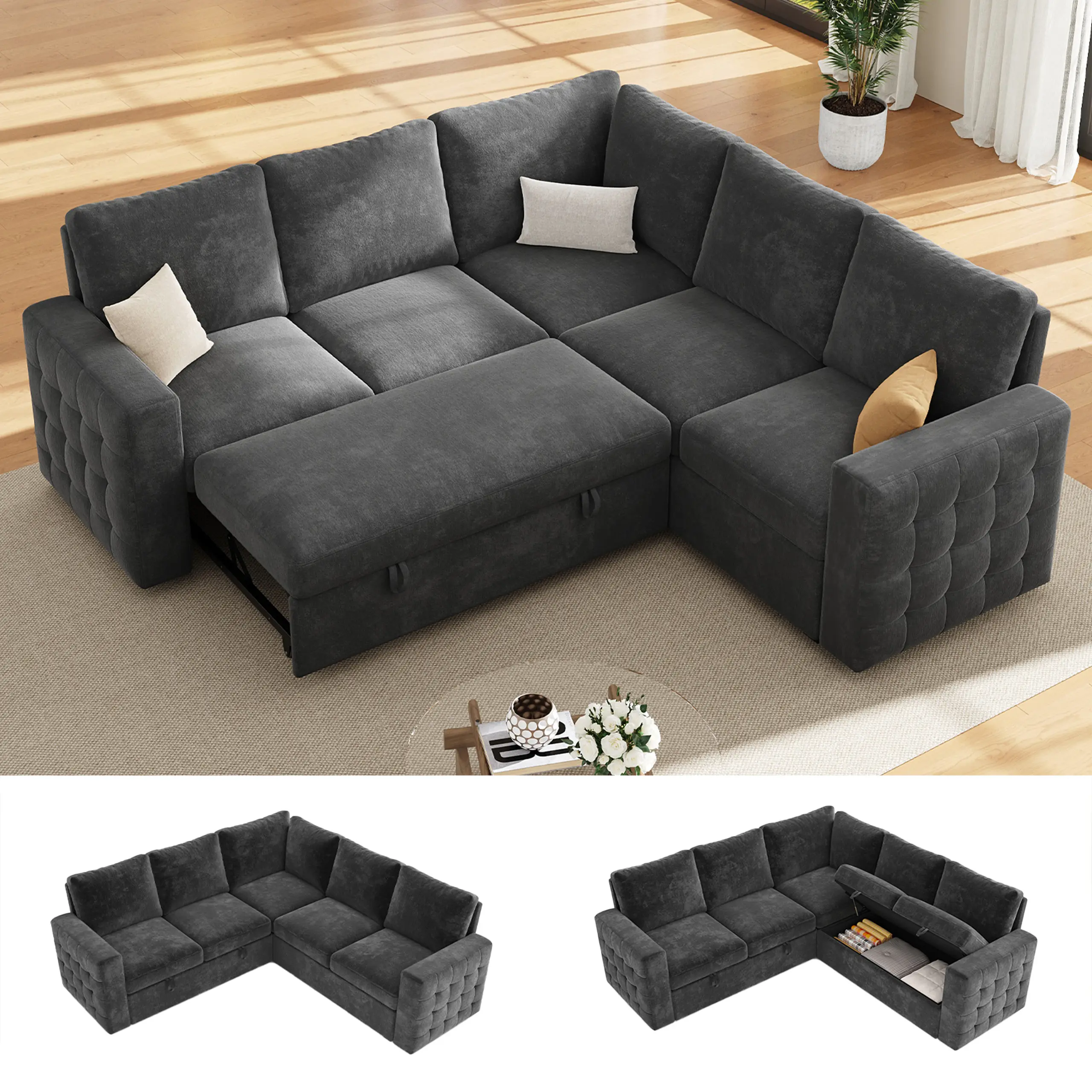 【3-4 Packages】86 Inch Sectional Sleeper Sofa, 5-7 Seat L Shaped Sleeper Sectional Couch with Pull Out Bed, Convertible Sofa Bed with Storage for Living Room, Apartment, Modular Cloud Couches