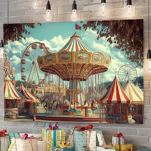 1pc Carnival Backdrop Retro Fairground Design Ferris Wheel Carousel Tents Large Size Polyester for Home Room Wall Party Background