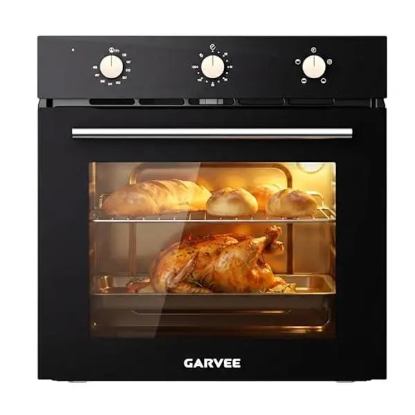 GAOMON 24-Inch Built-In Wall Mount Electric Oven, 2.5 Cu.ft. Capacity, 4 Cooking Functions, 2000W Power, Knob Control, Low-E Glass Door, Cooling Fan, Easy-Clean Enamel Interior, Black, Built-In Oven
