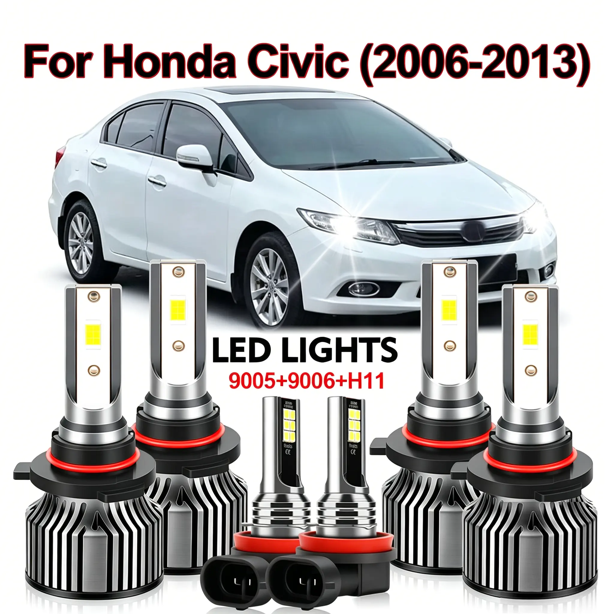 For Honda Civic 2006-2013 LED Headlight Bulbs Combo Kit, 9005+9006 High Low Beam / 9005+9006+H11 Fog Light, 6000K Cool White, Plug and Play