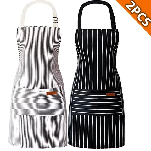 【Ready Stock】Unisex 2-Pack Chef Apron Set, All Abrasion Resistant Work Aprons with Breathable Fabric, Easy Cleaning, Adjustable Straps, Pockets, White Black & Brown