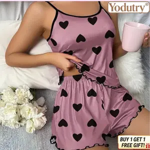 Women’s Heart Print Pajama Set – Spaghetti Strap Cami Top & Elastic Waist Shorts Soft Breathable Sleepwear Loungewear Set