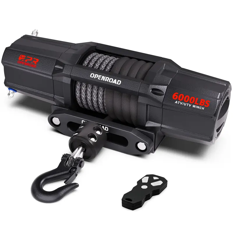 OPENROAD 6000 lbs UTV Winch, Waterproof IP67 Electric Trailer 6k Winch with 1/4"×50ft Synthetic Rope,Wireless Remote and Winch Stopper (6000lb with Mounting Plate)