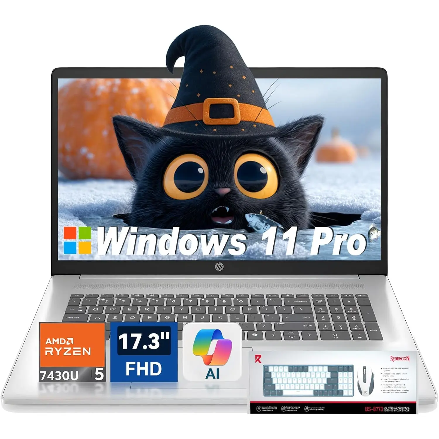 HP 17-inch Business Work & Student Laptop Computer, 17.3-inch FHD Anti-Glare Display, AMD Ryzen 5 7430U, Up to 32GB RAM, 512GB SSD, Windows 11 Pro, Wi-Fi 6, Numeric Keypad, Red Dragon Keyboard-Mouse Bundle, Work Laptop