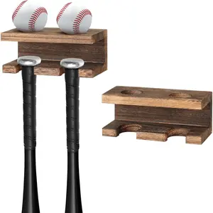 2 Pack Wooden Baseball Bat Holder & Ball Display Floating Shelf Wall Mounted Bat Rack Storage Organizer