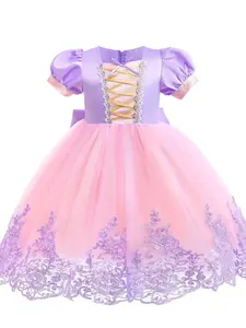 Toddler Girl's Floral Embroidery  Bow Back Contrast Mesh Fit & Flare Ditsy Floral Dress, Elegant Puff Sleeve Zipper Back Party Dress for Performance Show Wear, Kids Clothes for All Seasons, Tulle Dress