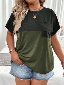 Summer Fall Plus Size Women's Colorblock T-Shirt Top, Womenswear, Pocket Decoration, Short Sleeve, Fitted Long Casual Style, Fashion Clothing