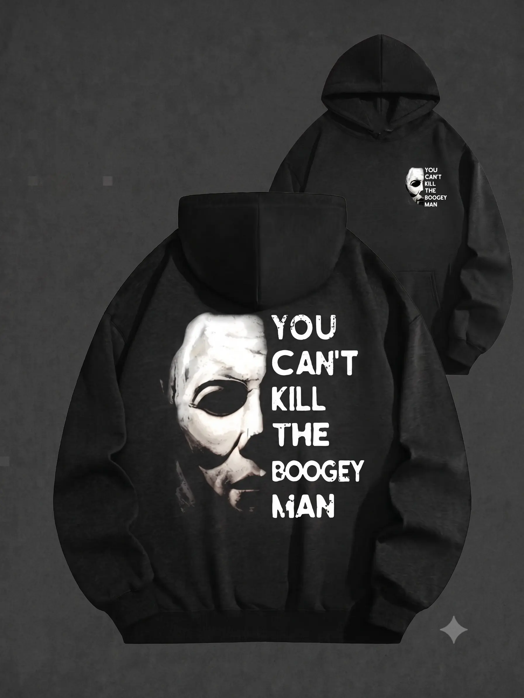 Men's Cotton Pullover Hoodie - Michael Myers Halloween Horror Mask Design, Jason Voorhees-Inspired "You Can't Kill The Bogey" Top, Horror Fan Apparel by KitchenEra