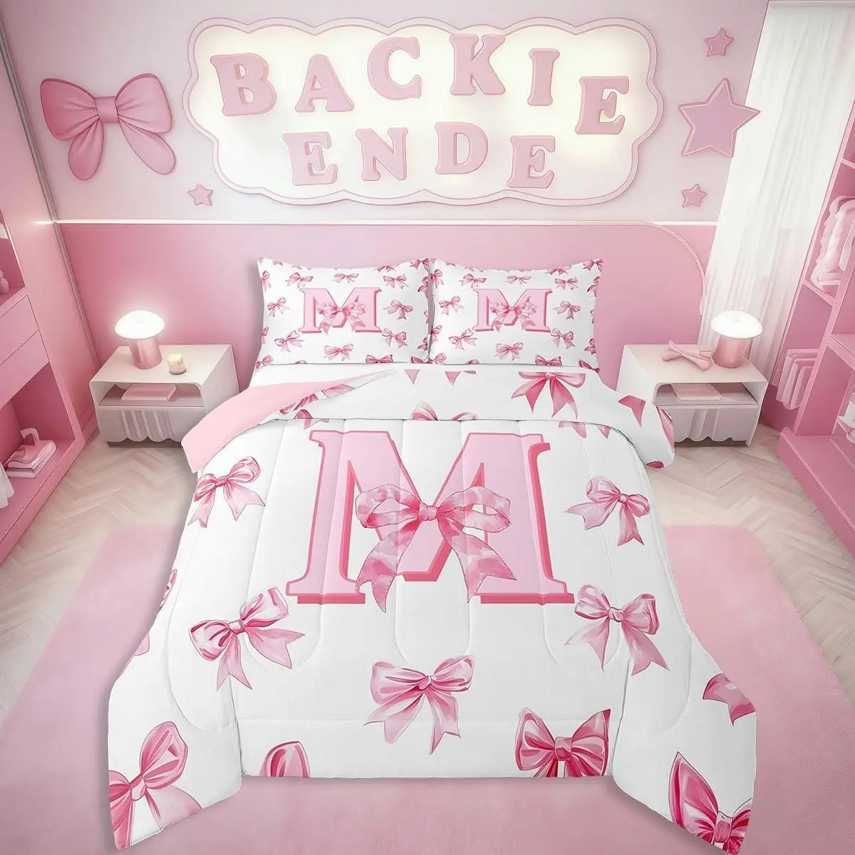 Pink Bowknot Bedding Set for Girls,Initial Letter M Comforter Set for Kids Teen Women Room Decor,Pink Watercolor Monogrammed Bedding Comforter Set,Dreamy Princess Bow Quilt Duvet