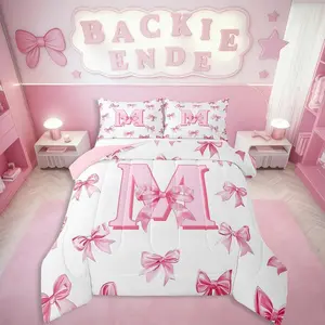Pink Bowknot Bedding Set for Girls,Initial Letter M Comforter Set for Kids Teen Women Room Decor,Pink Watercolor Monogrammed Bedding Comforter Set,Dreamy Princess Bow Quilt Duvet