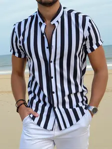 Men's Striped Print Short Sleeve Shirt, Regular Fit Casual Button Front Top for Summer Vacation, Fashion Men's Clothes for Daily Wear, Casual Stylish Menswear