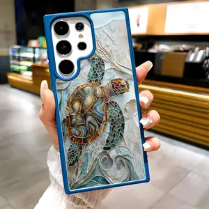 Marble Sea Turtle Pattern Clear Magnetic Phone Case, Compatible with MagSafe Silicone Bumper Protective Cover For Samsung S25 S24 S23 S22 Ultra Plus FE, Cute Artistic Stained Glass Style