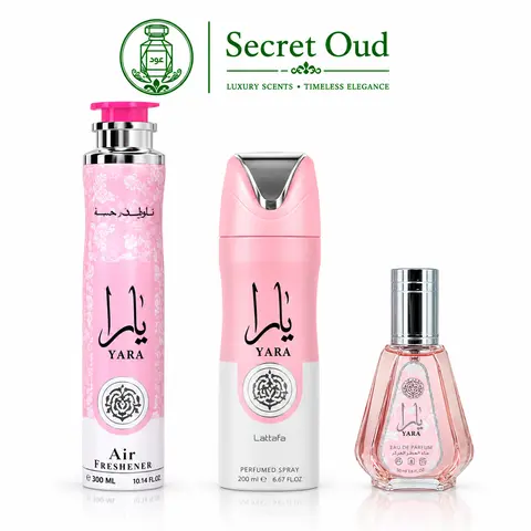Yara Perfume 50ml (1.7oz) + Yara Deodorant 200ml (6.67oz) + Yara Air Freshener 300ml (10.0 oz) from Lattafa Perfumes