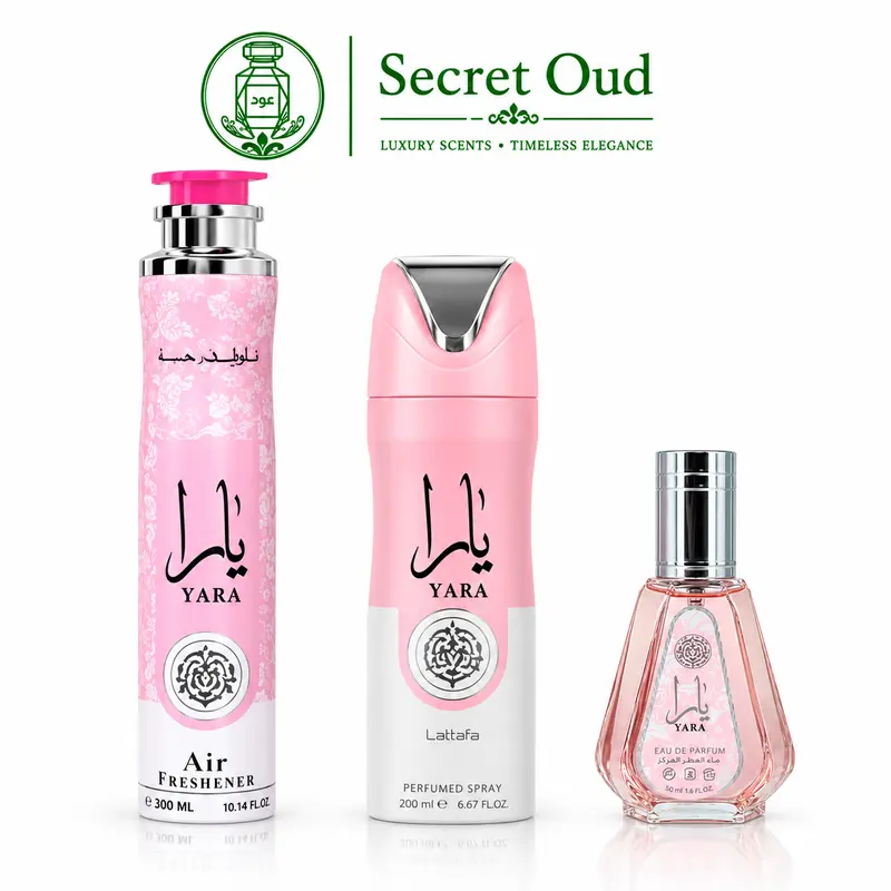 Yara Perfume 50ml (1.7oz) + Yara Deodorant 200ml (6.67oz) + Yara Air Freshener 300ml (10.0 oz) from Lattafa Perfumes
