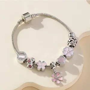 Beaded Adjustable Bracelet with Dripping Oil Petal Pendant Flower & Love Charms Elegant Copper Fashion Jewelry for Everyday Wear