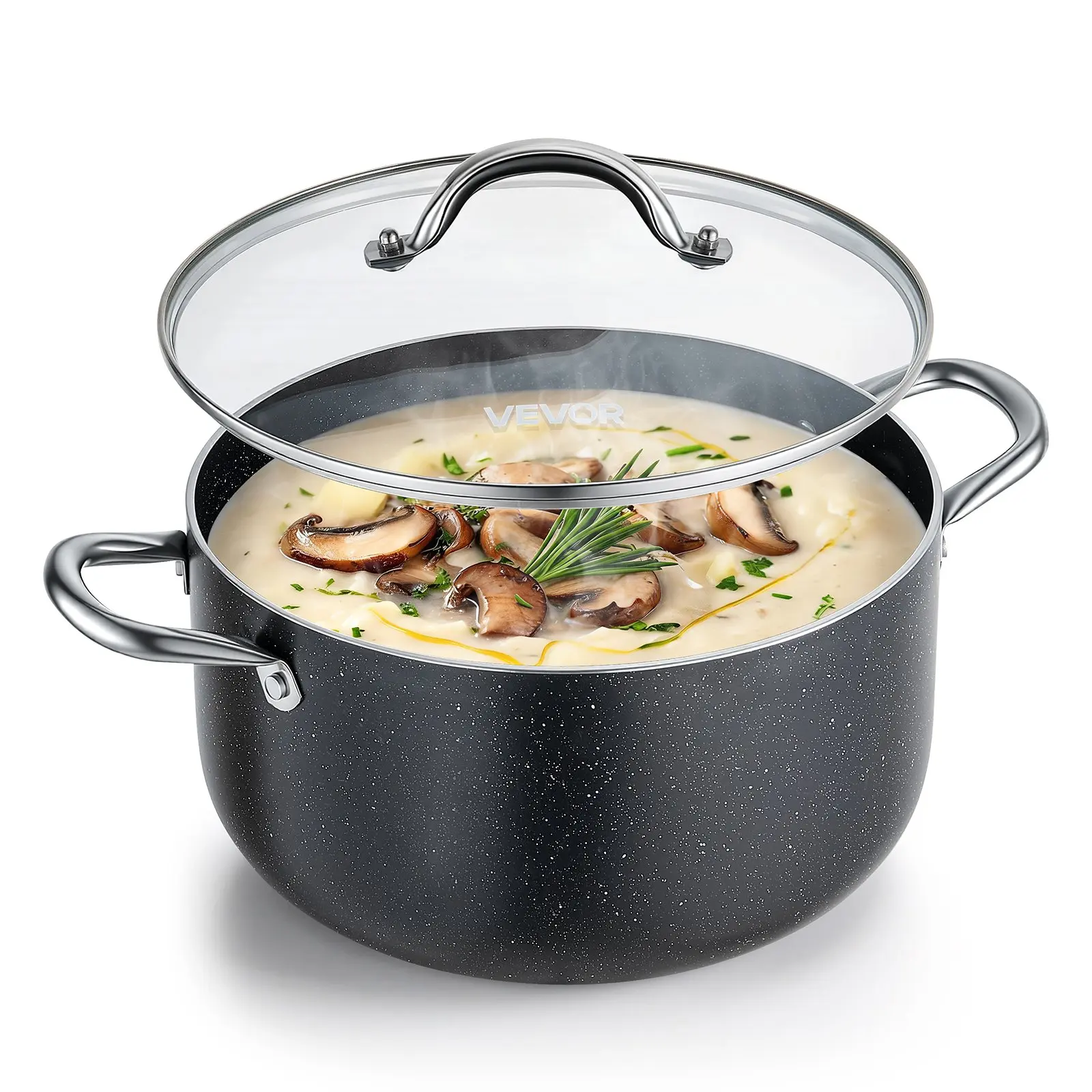 VEVOR Aluminum Stock Pot, 8-Quart Nonstick Ceramic Coated Pot with Glass Lid, PFOA-Free, PFAS-Free, Compatible with Gas Stoves, Induction Cooktops, Electric Stoves, for Soups, Stews, and Pasta