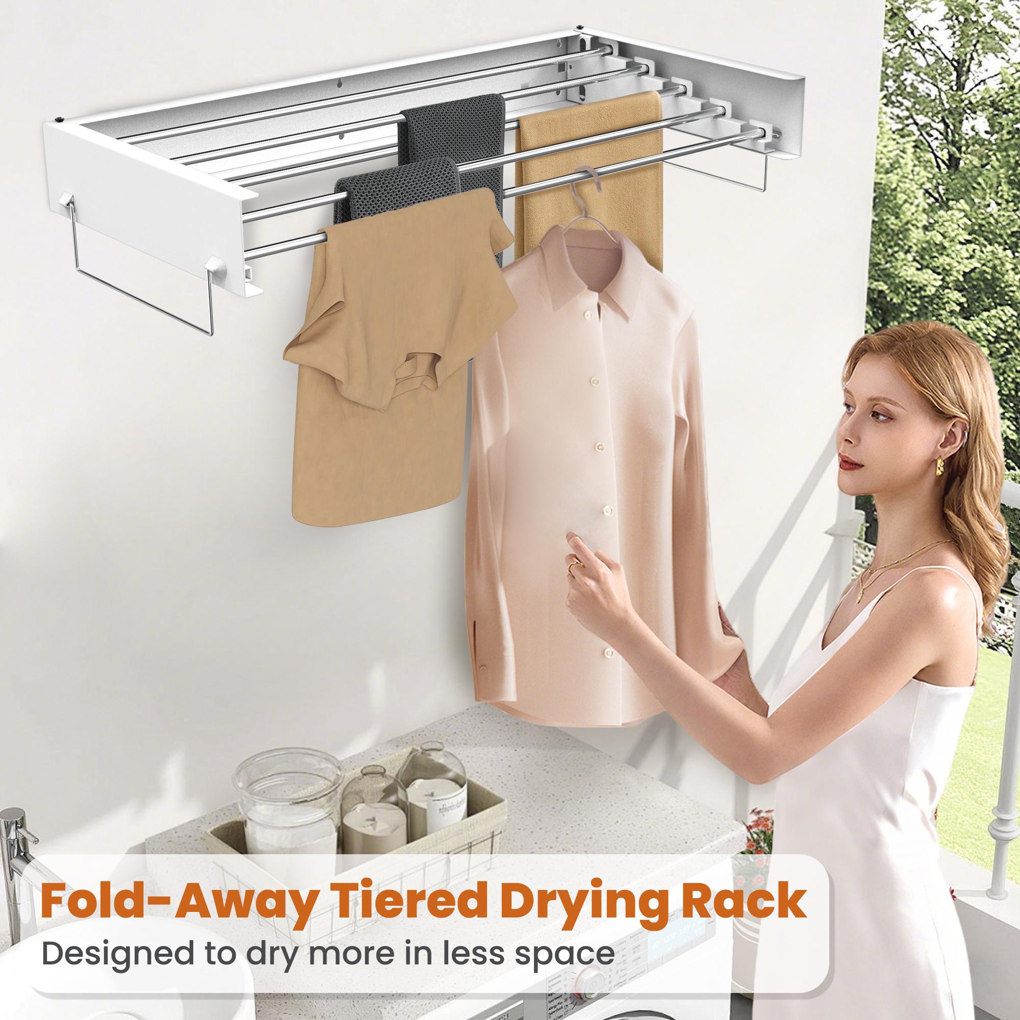 Wall-mounted clothes drying rack, foldable clothes rack, foldable hanger, with 2 towel racks and wall template, suitable for hanging clothes indoors and outdoors, 5 rods