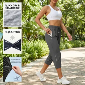 Women’s summer cooling sun-protection high-stretch 7/8 athletic pants with zippered phone pocket and elastic waistband; quick-dry slimming pants for running, fitness, outdoor activities, and commuting.