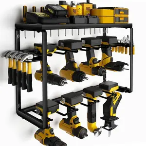 3-Tier Heavy Duty Metal Power Tool Organizer Wall Mount Storage Rack with 8 Drill Holders Hooks Rust-Resistant Efficient Garage Utility Shelf