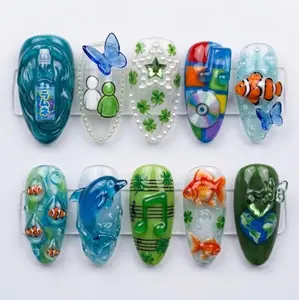 Frutiger Aero Webcore Mismatched Press On Nails, 3D Dolphin CD & Fish Fake Nails, Nostalgic Y2K Clear Jelly Manicure
