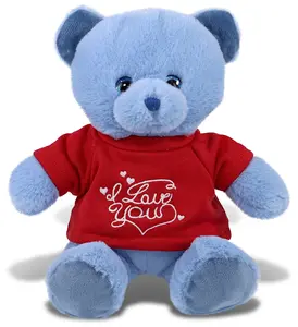 DOLLIBU 8" Baby Blue Stuffed Bear - Super-Soft Polyester Plush, Red "I Love You" Embroidered Shirt, Romantic Bedroom Accessories