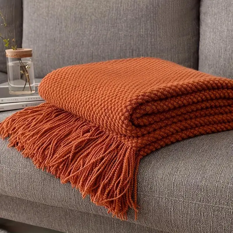 Lightweight Knitted Throw Blanket with Long Fringes, Soft Bubble Texture Blanket for Bed, Sofa, and Outdoor Picnic, All-Season Use, Lightweight Cozy Blanket, Blanket for Couch