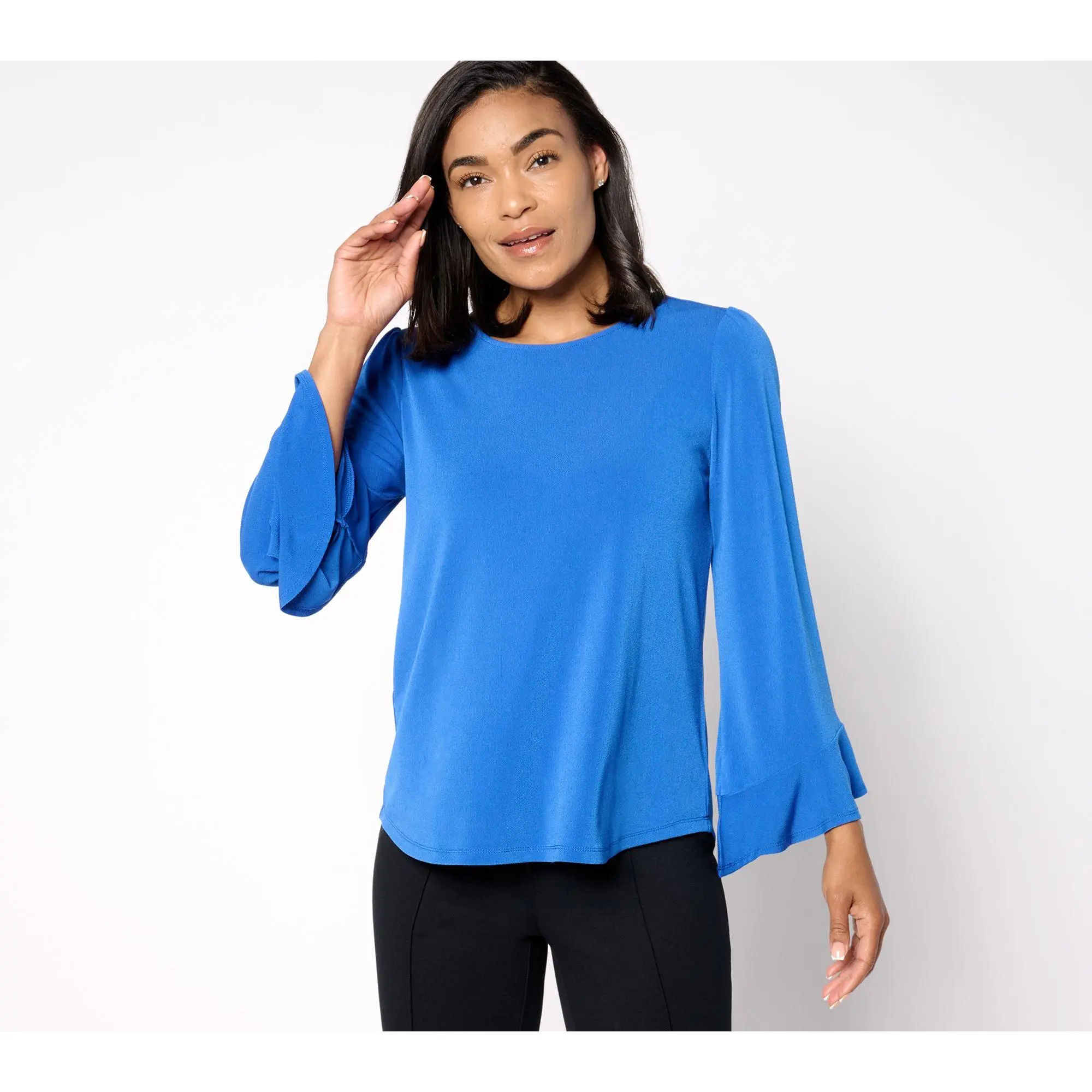 Dennis Basso Caviar Crepe Knit Top with Ruffle Sleeve Detail