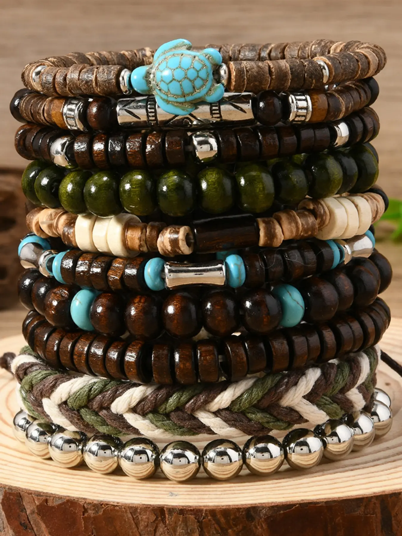 10pcs Boho Style Wooden Bead Bracelets Set for Men & Women, Stackable Bracelet Set, Casual Nylon Chain, Perfect for Daily Wear & Party Gifts, Beaded Bracelets