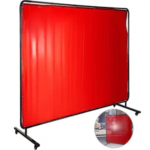 Welding Screen with Frame 8\' x 6\', Welding Curtain with 4 Wheels, Welding Protection Screen Red Flame-Resistant Vinyl, Portable Light-Proof Professional