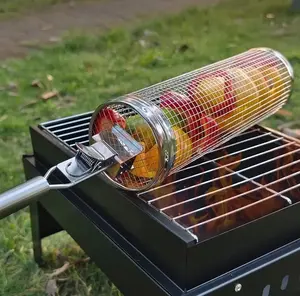 Rolling Grill/Barbeque Baskets with Handle-Stainless BBQ Grill Mesh for Outdoor Camping/Grilling- Multipurpose Grilling Accessories Barbecue Rack/Net for Meat, Vegetables, Chips, French Fries, Fish Steel Utensils