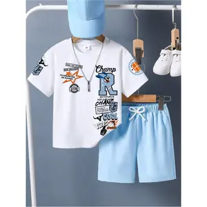Tween Boy Letter Print Short Sleeve T-Shirt and Shorts |     Casual Summer Outfit with Crew Neck, Slight Stretch Fabric, Perfect for Sports and Outdoor Activities, for Outdoor