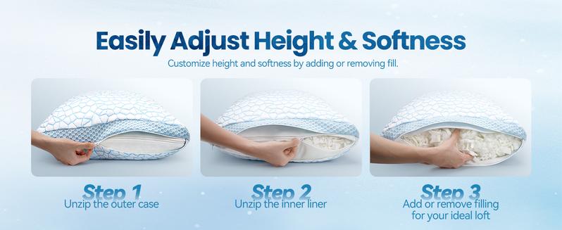 QUTOOL Luxury Cooling Memory Foam Pillows 2 Pack,Bed Pillows Set of 2,Adjustable Gel Pillow for Side Back Sleeper with Removable Cover, Valentine's Day Gifts, Decor Bedroom Accessories