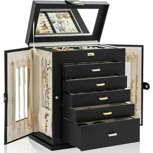 Box 6-Tier Organizer Functional 360? Rotating  Storage Case for Women Girls Ring Necklace Earring Bracelet Holder with Mirror