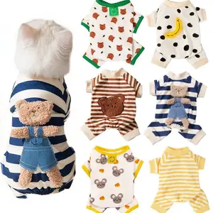 Dogs/Cats Bear Stripe Onesie Ultra-Soft Puppy PJs for Small Dogs/Cats Lightweight Fall Hoodie with 4-Leg Design  Breathable Teddy Print Lounge Wear & Outdoor Jacket