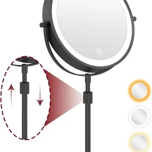 9" Lighted Makeup Mirror with Lights and Magnification 10X/1X 360° Swivel Double Sided 5000mAh Rechargeable Battery, 3 Color Dimmable Height Adjustable Vanity Mirror Black