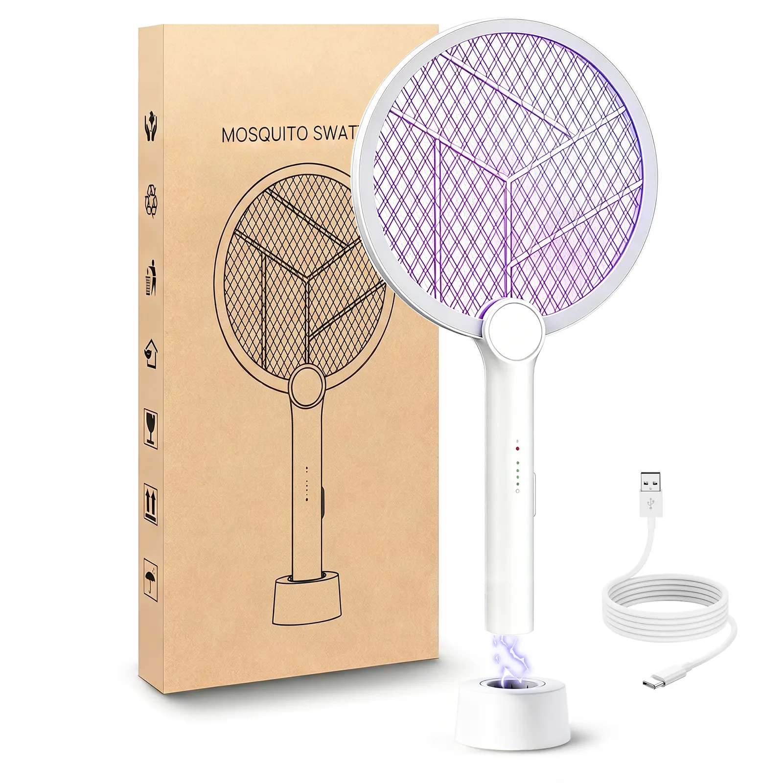 4000V Electric Fly Swatter & Bug Zapper - 2-in-1 Mosquito Killer with Purple Trap Light, Rechargeable 1800mAh Long Battery Life, Type-C Charging, 3-Layer Safety Mesh, Safe for Elderly & Kids, for Indoor, Outdoor, Home, Garden, Camping, Outdoor Bug Zapper