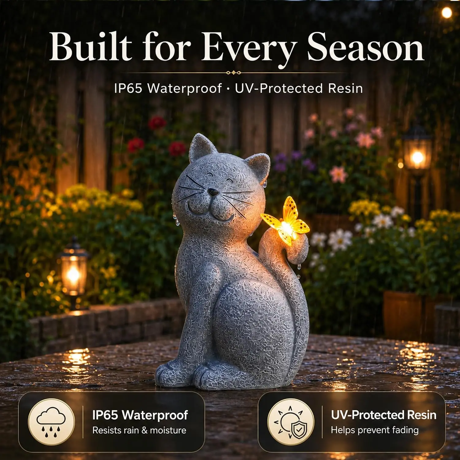 Solar Butterfly Cat Outdoor Statues - IP65 Waterproof Garden Decor, Yard Art Lawn Ornaments, Porch Patio Accents, Gifts for Mom Grandma, Outdoor Decor