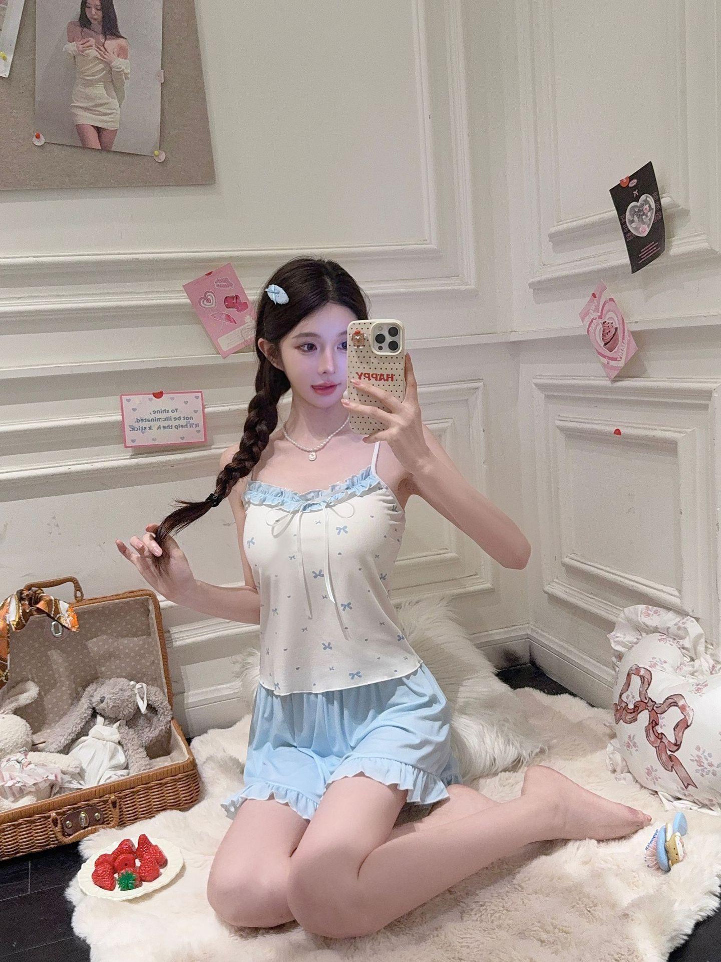 Women's summer pajamas with chest pads, camisole and shorts, pure and sexy Korean style, sweet, casual, loose-fitting home wear set